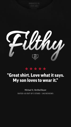 Dark frame, five stars and the quote “Great shirt. Love what it says. My son loves to wear it.”