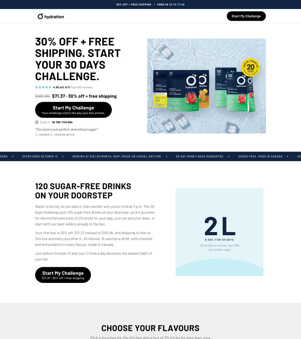 Desktop view of the offer page for a hydration drink brand