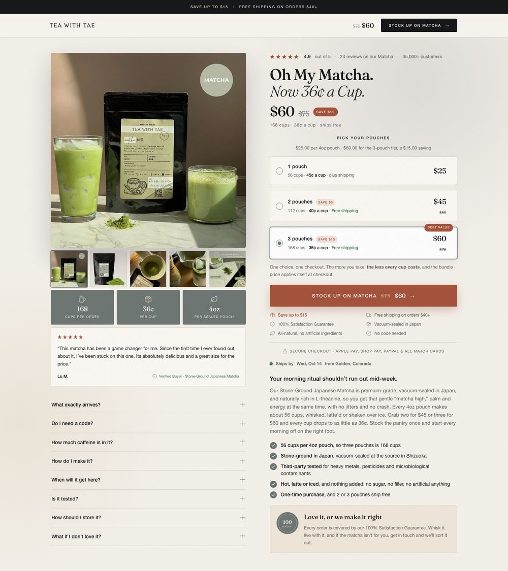 Desktop view of the stock-up tiers for a matcha tea brand